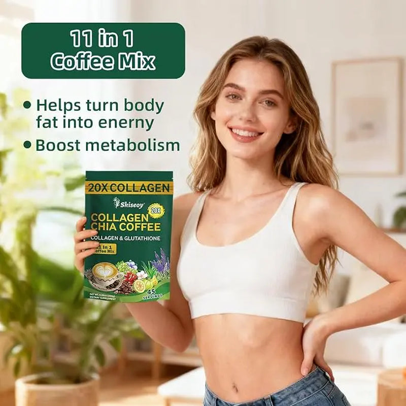 10/20 Pcs Sugar-Free 11-In-1 Instant Coffee Powder Sachets - 12G Collagen, Chia Seeds & Goji Berry Blend Beverage, Smooth Rich Coffee Fitgum Dietary Supplement for Fitness & Healthcare