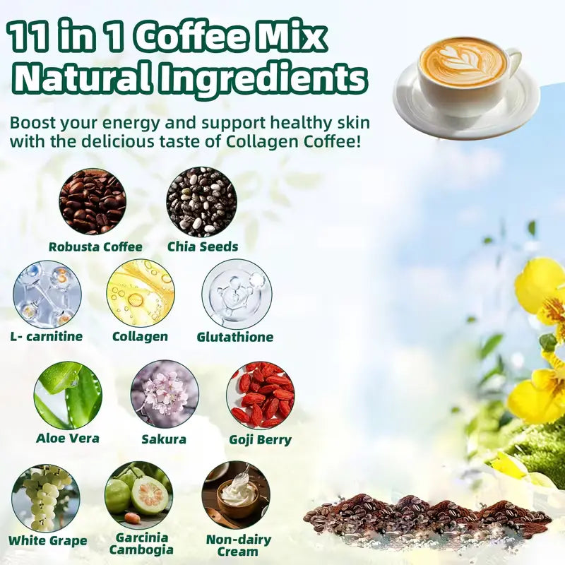 10/20 Pcs Sugar-Free 11-In-1 Instant Coffee Powder Sachets - 12G Collagen, Chia Seeds & Goji Berry Blend Beverage, Smooth Rich Coffee Fitgum Dietary Supplement for Fitness & Healthcare