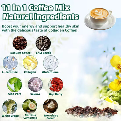 10/20 Pcs Sugar-Free 11-In-1 Instant Coffee Powder Sachets - 12G Collagen, Chia Seeds & Goji Berry Blend Beverage, Smooth Rich Coffee Fitgum Dietary Supplement for Fitness & Healthcare