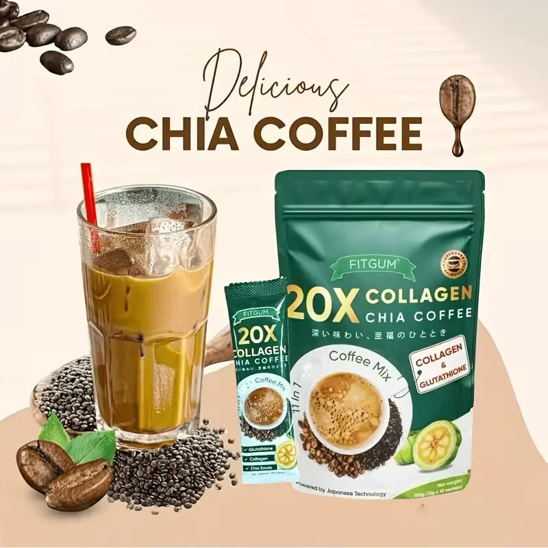 10/20 Pcs Sugar-Free 11-In-1 Instant Coffee Powder Sachets - 12G Collagen, Chia Seeds & Goji Berry Blend Beverage, Smooth Rich Coffee Fitgum Dietary Supplement for Fitness & Healthcare